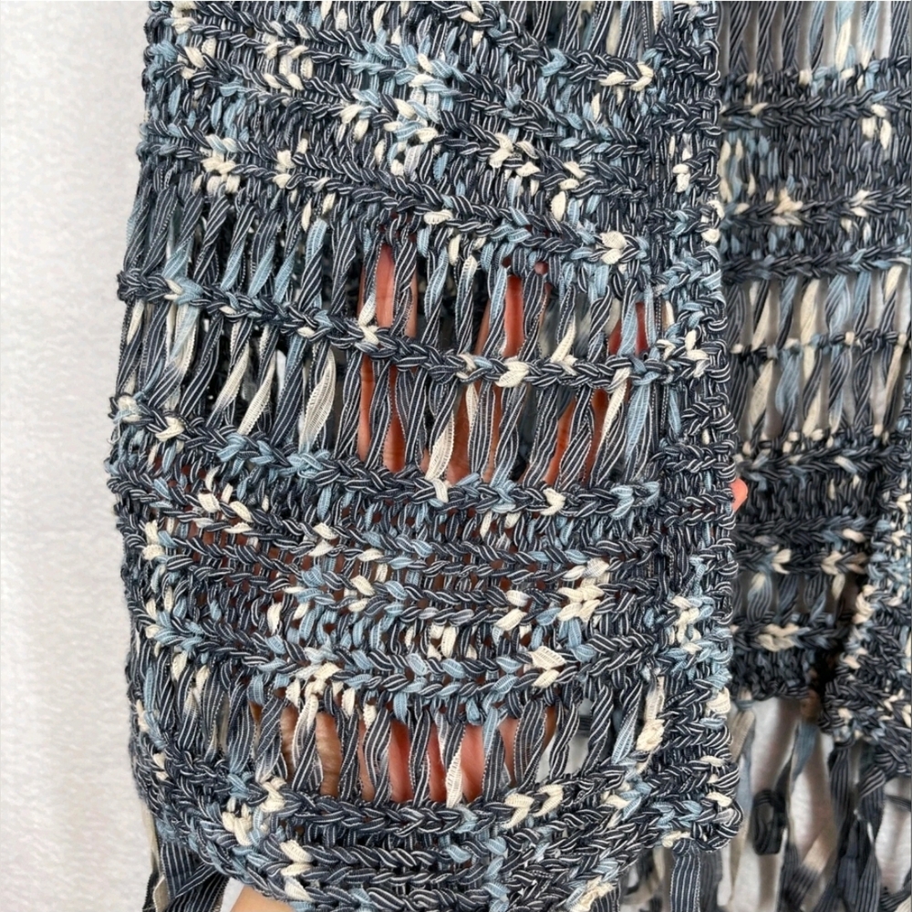 Chico's Women's Vest Duster Blue/Gray Nylon Open Front Knit Fringe Boho Size M-L - Picture 12 of 13